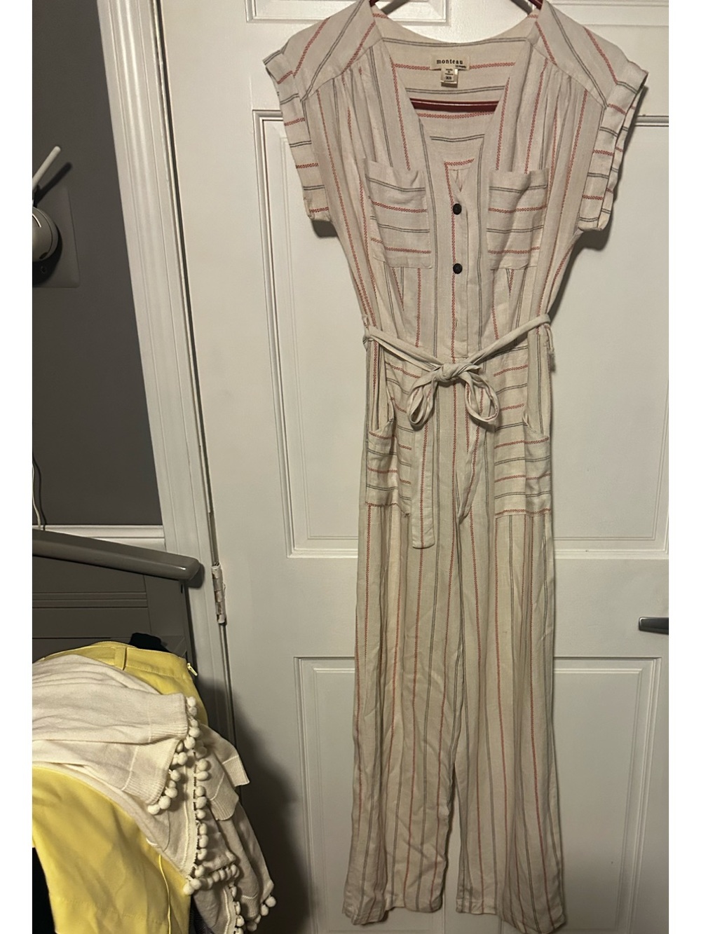 Monteau Cream Jumpsuit with Coral & Tan Stripe Accents